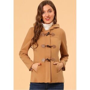 Allegra K Women's Toggle Duffle Coat Zipper Front Solid Cropped Hooded Pea Coat
